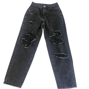 SHEIN Womens Distressed Black Jeans Size 2 XS High Rise Straight Mom Denim